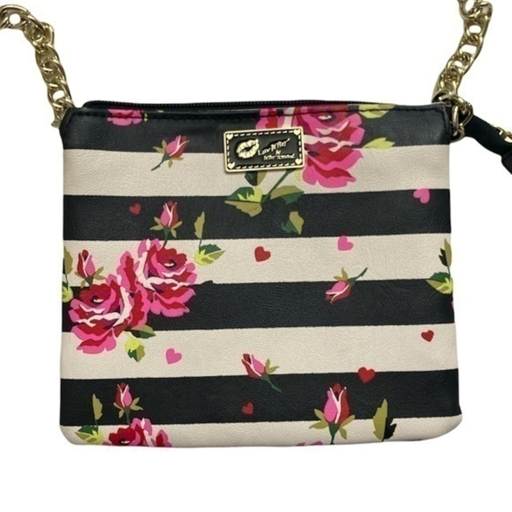 Betsey Johnson black white pink rose striped crossbody bag